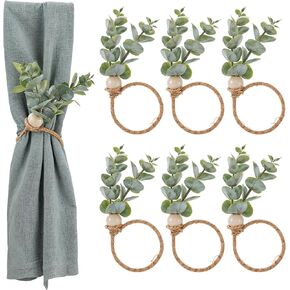 Napkin Rings Set of 6, Rustic Farmhouse Napkin Rings Boho Green Leaf Napkin Rings Eucalyptus Wood Bead Napkin Rings Holder for Fall Spring Thanksgiving Christmas Easter Weddings Table Decor