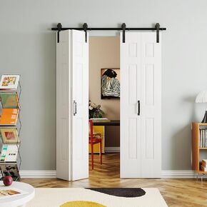Bi-Fold Sliding Barn Door 36"（18" x2） x 84", 6-Panel with Sliding Hardware Kit Set, Pre-drilled Closet Door Slab, 3.3FT Track for 2 Doors, MDF, White