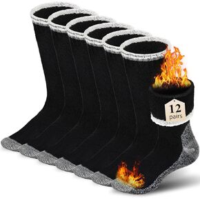 12 Pairs Men Merino Wool Socks Thermal Hiking Boot Socks Bulk for Men Thick Warm Cotton Crew Socks Moisture Wicking Crew Hiking Socks, Size 7-12, Black
