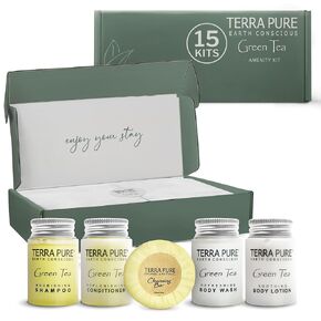 Terra Pure Hotel Soaps and Toiletries Bulk Set | 1-Shoppe All-In-Kit Amenities for Hotels | 1oz Hotel Shampoo & Conditioner, Body Wash, Body Lotion & 1.25oz Bar Soap Travel Size Toiletries | 75 Pieces