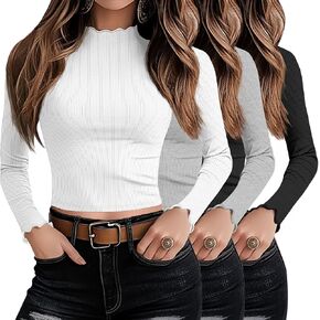 Riyiper 3 Pack Women's Mock Neck Long Sleeve Shirts, Lettuce Trim Slim Fit Ribbed Knit Crop Tops Turtleneck Base Layer Tee