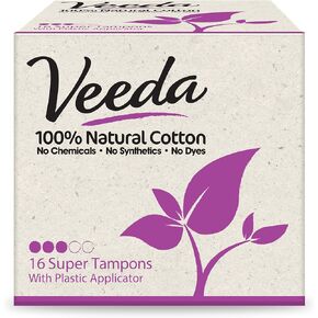 Veeda 100% Natural Cotton Compact BPA-Free Applicator Tampons Chlorine, Toxin and Pesticide Free, Super, 16 Count