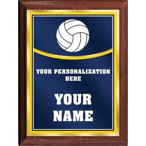 Crown Awards Volleyball Personalized Plaque Award, 6x8 Color Printed Metal Plate with Custom Engraving, Navy Blue with Gold with Gold Plaque On Wood Finish Prime