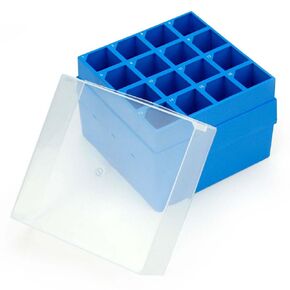 Globe Scientific 3059 Storage Box with Lid for 50mL Centrifuge Tube, 16-Place, 4x4, PP, Blue Base & Clear Lid, Pack of 4