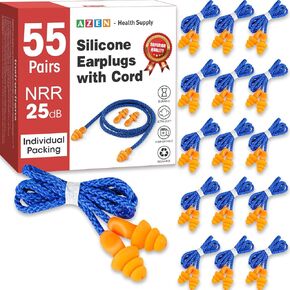 AZEN 55 Pairs Silicone Ear Plugs, Reusable Earplugs for Noise Reduction, 25dB NRR Corded Ear Plugs for Sleeping Noise Cancelling, Ear Plugs with String Individual Packing