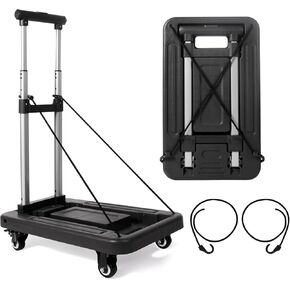 Folding Hand Truck,500LB Heavy Duty Dolly Cart with Wheels,Portable Luggage Cart with 4 Wheels and 2 Elastic Ropes,Utility Cart with Adjustable Handle for Shopping, Moving, Travel,Grey