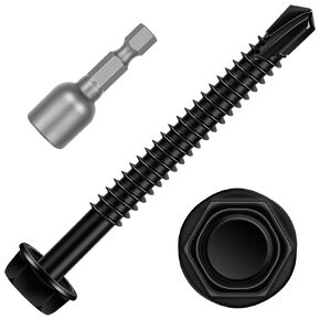 #14 x 1 Hex Washer Head Self Tapping Screws, TEK Screws, Self Drilling, Stainless Steel 410 Sheet Metal Screws, Black Finish, 50 PCS