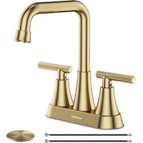 Bathroom Sink Faucet, Hurran 4 inch Brushed Gold Bathroom Faucets for Sink 3 Hole with Pop-up Drain and Supply Hoses, 360 Swivel Spout 2-Handle Centerset Faucet for Bathroom Sink Vanity RV Farmhouse