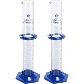 PATIKIL 250ml Graduated Cylinder, 2Pcs 3.3 Borosilicate Glass Measuring Cylinder Plastic Hex Base for Lab Experiment, Clear