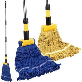 Commercial Mop, Looped-End String Industrial Mop, Heavy Duty Mops with 2 String Mop Heads for Floor Cleaning, Blue and Yellow