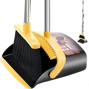 Upgraded Broom and Dustpan Set, Upright Broom and Dustpan Combo with 51" Long Handle, Dustpan Teeth with self-Cleaning Function, Indoor and Outdoor Sweeping, Perfect for Home Office(Red & Black)