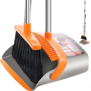 Upgraded Broom and Dustpan Set, Upright Broom and Dustpan Combo with 51" Long Handle, Dustpan Teeth with self-Cleaning Function, Indoor and Outdoor Sweeping, Perfect for Home Office(Red & Black)