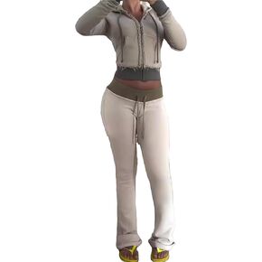 Voghtic Fall Women's 2 Piece Sweatsuits Set Long Sleeve Zip Up Crop Hoodie Jacket Flare Sweatpant Matching Lounge Set