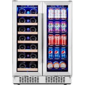 GraveeTech Wine Fridge Beverage Refrigerator, Dual Zone 78 Cans 20 Bottles Drink Fridge with Glass Door, Adjustable Shelves & LED Lights, Built-in or Freestanding Wine Cooler for Home Office Bar