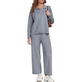 Women's 2 Piece Sweater Sets Long Sleeve Knit Lounge Sets Pullover Wide Leg Pants Sweatsuit