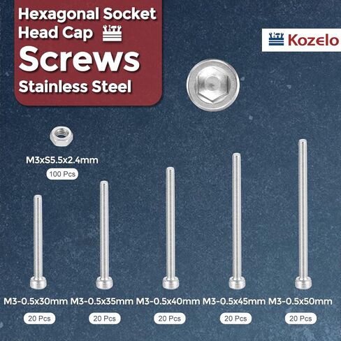 200pcs M3 Socket Head Cap Screws Bolts Nuts Assortment Kit - [M3x30/35/40/45/50mm] 304 Stainless Steel Allen Socket Drive for 3D Printer in Kuwait