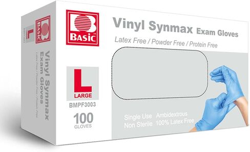قفازات الفحص الطبية الأساسية Synmax Vinyl - خالية من اللاتكس وخالية من البودرة - مقاس كبير جدًا، BMPF-3004 (علبة بها 1000)، أزرق in Kuwait