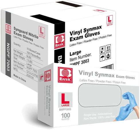 قفازات الفحص الطبية الأساسية Synmax Vinyl - خالية من اللاتكس وخالية من البودرة - مقاس كبير جدًا، BMPF-3004 (علبة بها 1000)، أزرق in Kuwait