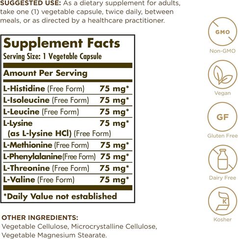 مركب أميني أساسي من سولجار - 90 كبسولة نباتية، عبوة من 2 - غير معدلة وراثيًا، نباتي، خالي من الغلوتين، خالي من منتجات الألبان، كوشير - 180 وجبة إجمالية in Kuwait