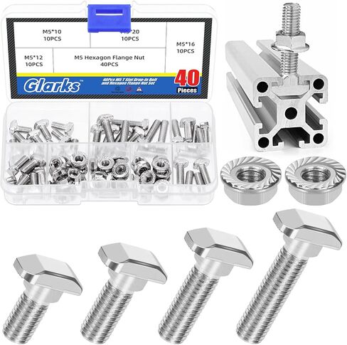 Glarks 80pcs M5 T Slot Drop-in Bolt with Hexagon Flange Nut Set, 10/12/16/20MM Hammer Head T-Bolt, T Shape Stud Sliding Screw, T Screw Stud for European Standard 20 Series Aluminum Profile in Saudi Arabia
