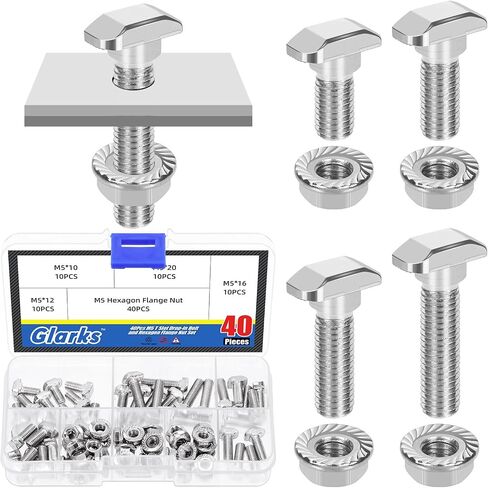 Glarks 80pcs M5 T Slot Drop-in Bolt with Hexagon Flange Nut Set, 10/12/16/20MM Hammer Head T-Bolt, T Shape Stud Sliding Screw, T Screw Stud for European Standard 20 Series Aluminum Profile in Saudi Arabia