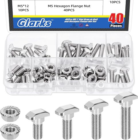Glarks 80pcs M5 T Slot Drop-in Bolt with Hexagon Flange Nut Set, 10/12/16/20MM Hammer Head T-Bolt, T Shape Stud Sliding Screw, T Screw Stud for European Standard 20 Series Aluminum Profile in Saudi Arabia