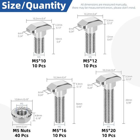 Glarks 80pcs M5 T Slot Drop-in Bolt with Hexagon Flange Nut Set, 10/12/16/20MM Hammer Head T-Bolt, T Shape Stud Sliding Screw, T Screw Stud for European Standard 20 Series Aluminum Profile in Saudi Arabia