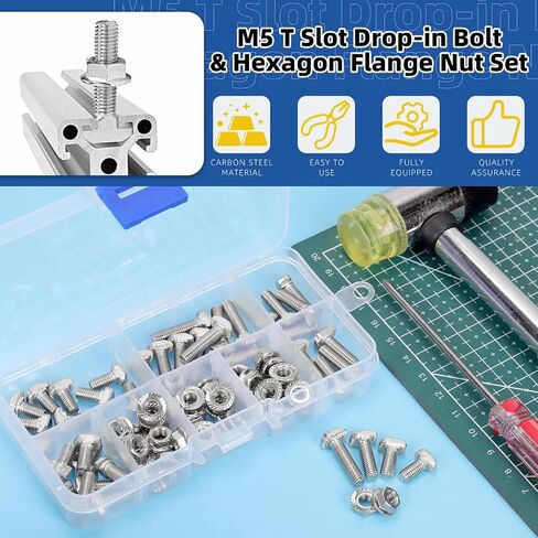 Glarks 80pcs M5 T Slot Drop-in Bolt with Hexagon Flange Nut Set, 10/12/16/20MM Hammer Head T-Bolt, T Shape Stud Sliding Screw, T Screw Stud for European Standard 20 Series Aluminum Profile in Saudi Arabia