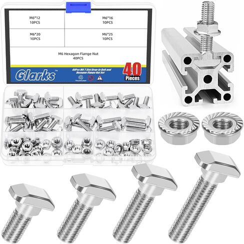 Glarks 80pcs M5 T Slot Drop-in Bolt with Hexagon Flange Nut Set, 10/12/16/20MM Hammer Head T-Bolt, T Shape Stud Sliding Screw, T Screw Stud for European Standard 20 Series Aluminum Profile in Saudi Arabia