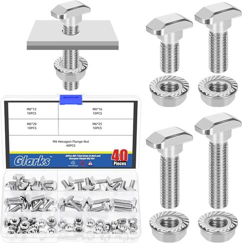 Glarks 80pcs M5 T Slot Drop-in Bolt with Hexagon Flange Nut Set, 10/12/16/20MM Hammer Head T-Bolt, T Shape Stud Sliding Screw, T Screw Stud for European Standard 20 Series Aluminum Profile in Saudi Arabia