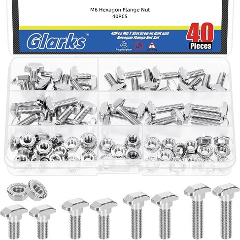 Glarks 80pcs M5 T Slot Drop-in Bolt with Hexagon Flange Nut Set, 10/12/16/20MM Hammer Head T-Bolt, T Shape Stud Sliding Screw, T Screw Stud for European Standard 20 Series Aluminum Profile in Saudi Arabia
