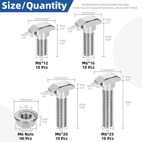 Glarks 80pcs M5 T Slot Drop-in Bolt with Hexagon Flange Nut Set, 10/12/16/20MM Hammer Head T-Bolt, T Shape Stud Sliding Screw, T Screw Stud for European Standard 20 Series Aluminum Profile in Saudi Arabia