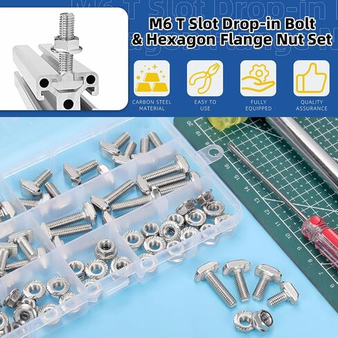 Glarks 80pcs M5 T Slot Drop-in Bolt with Hexagon Flange Nut Set, 10/12/16/20MM Hammer Head T-Bolt, T Shape Stud Sliding Screw, T Screw Stud for European Standard 20 Series Aluminum Profile in Saudi Arabia