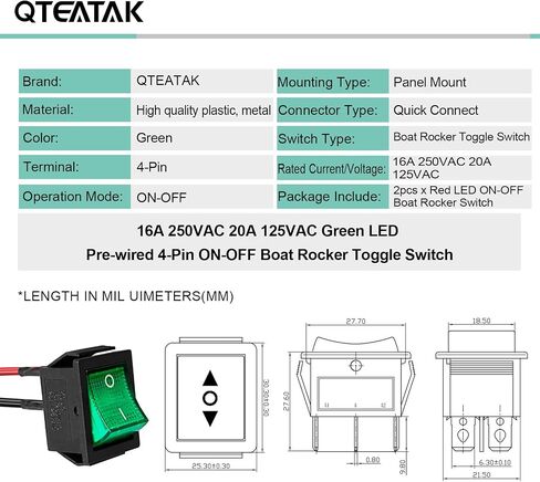QTEATAK 2 حزمة أخضر LED سلكي مسبقًا قارب الروك تبديل التبديل 2 موقف ON-Off 4-Pin KCD4 التبديل 16A 250VAC 20A 125VAC in Kuwait