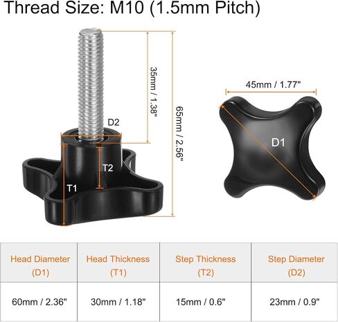 HARFINGTON 5pcs Star Clamping Knobs M10 x 80mm Metric Male Thread 60mm 4-Point Plastic Head Threaded Stud Knob Hand Tightening Thumb Screw Jig Handle, Black in Saudi Arabia