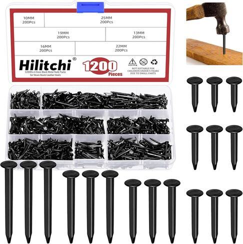 Hilitchi 1200PCS 6 Sizes Black Shoes Nails M10 M13 M16 M19 M22 M25 Carbon Steel Non-Slip Nails Tacks Black Metal Shoe Nails Assortment Kits for Shoes Boots Leather Heels Soles Repairs in Kuwait
