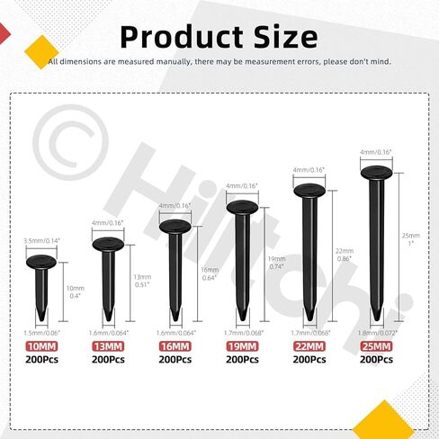 Hilitchi 1200PCS 6 Sizes Black Shoes Nails M10 M13 M16 M19 M22 M25 Carbon Steel Non-Slip Nails Tacks Black Metal Shoe Nails Assortment Kits for Shoes Boots Leather Heels Soles Repairs in Kuwait