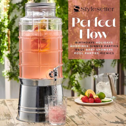 موزع مشروبات زجاجي من Style Setter للحفلات - موزع مشروبات بسعة كبيرة 2.4 جالون - سهل التجميع مع حنفية مانعة للتسرب - مصفاة فواكه للحصول على أفضل مذاق - موزع مياه بقاعدة مجلفنة in Kuwait