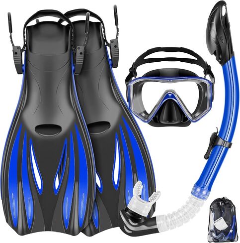 Snorkeling Gear for Adults Kids - Mask Fins Snorkel Set with Panoramic View Snorkel Mask Anti-Fog Anti-Leak, Dry Top Snorkel, Dive Flippers and Gear Bag in Saudi Arabia