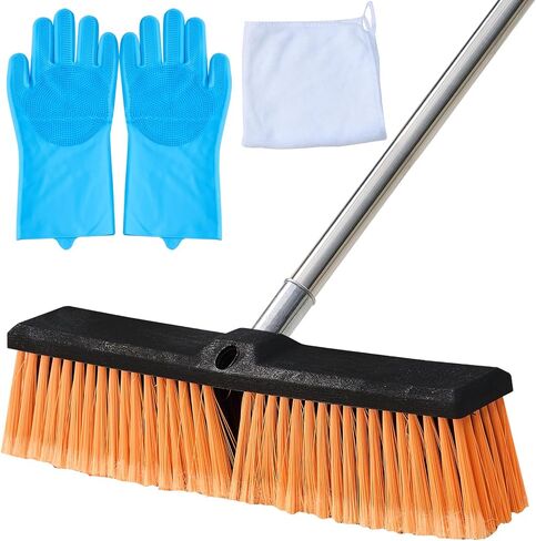 LUCHIA 18" Heavy Duty Push Broom with 65" Adjustable Stainless Steel Handle | Flagged Bristles for Indoor & Outdoor Broom for Floor Cleaning with Brooms, Gloves & Cloth | Orange in Saudi Arabia