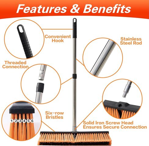 LUCHIA 18" Heavy Duty Push Broom with 65" Adjustable Stainless Steel Handle | Flagged Bristles for Indoor & Outdoor Broom for Floor Cleaning with Brooms, Gloves & Cloth | Orange in Saudi Arabia