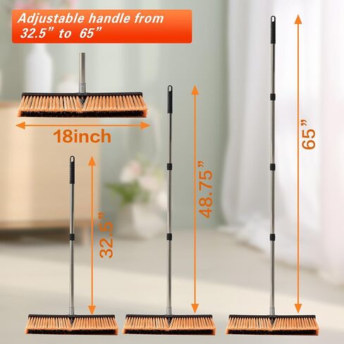 LUCHIA 18" Heavy Duty Push Broom with 65" Adjustable Stainless Steel Handle | Flagged Bristles for Indoor & Outdoor Broom for Floor Cleaning with Brooms, Gloves & Cloth | Orange in Saudi Arabia