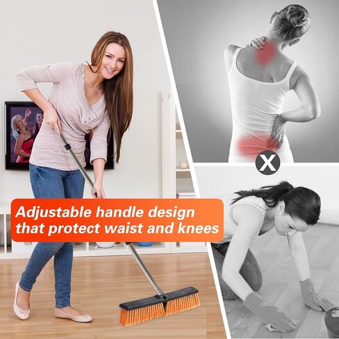 LUCHIA 18" Heavy Duty Push Broom with 65" Adjustable Stainless Steel Handle | Flagged Bristles for Indoor & Outdoor Broom for Floor Cleaning with Brooms, Gloves & Cloth | Orange in Saudi Arabia
