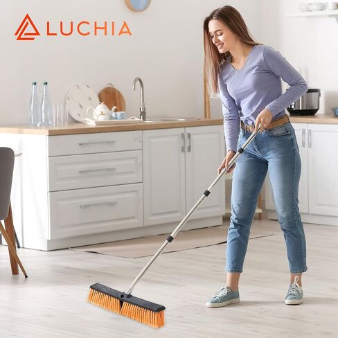LUCHIA 18" Heavy Duty Push Broom with 65" Adjustable Stainless Steel Handle | Flagged Bristles for Indoor & Outdoor Broom for Floor Cleaning with Brooms, Gloves & Cloth | Orange in Saudi Arabia
