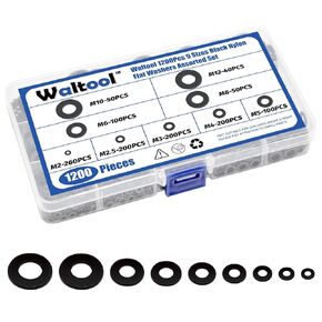 1200Pcs 9 Sizes Black Nylon Flat Washers Assorted Set, M2 M2.5 M3 M4 M5 M6 M8 M10 M12 Metric Sealing Spacer Gasket for Home Decoration, Factories Repair