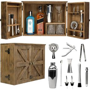 Excello Global Products Barndoor Bartender Cabinet with 10 Piece Bar Tool Set: The Perfect Kit for Home Bartenders (Rustic Brown)