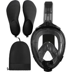 G2RISE Snorkeling Gear for Adults, Full Face Snorkel Mask Water Shoes Set for Kids Men and Women, Swim Dry Snorkel with Detachable Camera Mount, Anti-Fog and Foldable Design (Black,XL)