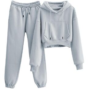 Womens Fleece 2 Piece Outfits Sweatsuit Lounge Hoodie Set Crop Pullover Sweatshirt with Joggers Sweatpants