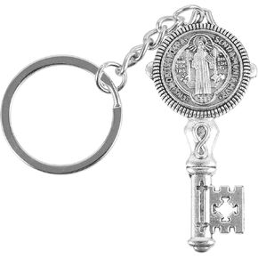 Saint Benedict Medal Keychain, Silver Toned St Benedict Medals Key Shaped Pendant Key Chain, Religious Key Holder Exorcism Medal Christian Sacramental Medal Keyring