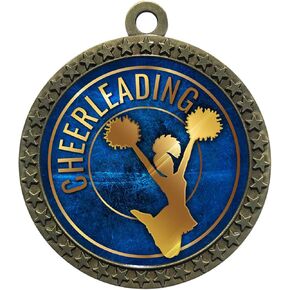 2-1/2 Inch Die-Cast Metal Cheerleading Cheer Award Medal with Antique Gold Finish and Red White and Blue Neck Ribbon Trophy Medals Awards Cheerleader (Pack of 1)